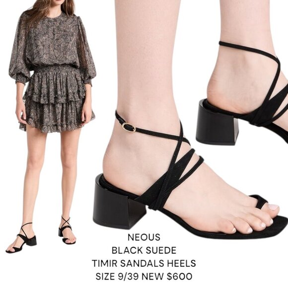 NEOUS BLACK LEATHER STRAPPY TIMIR‎ BLOCK CHUNKY HEELS SANDALS  9/39 NEW $600 - Picture 1 of 7